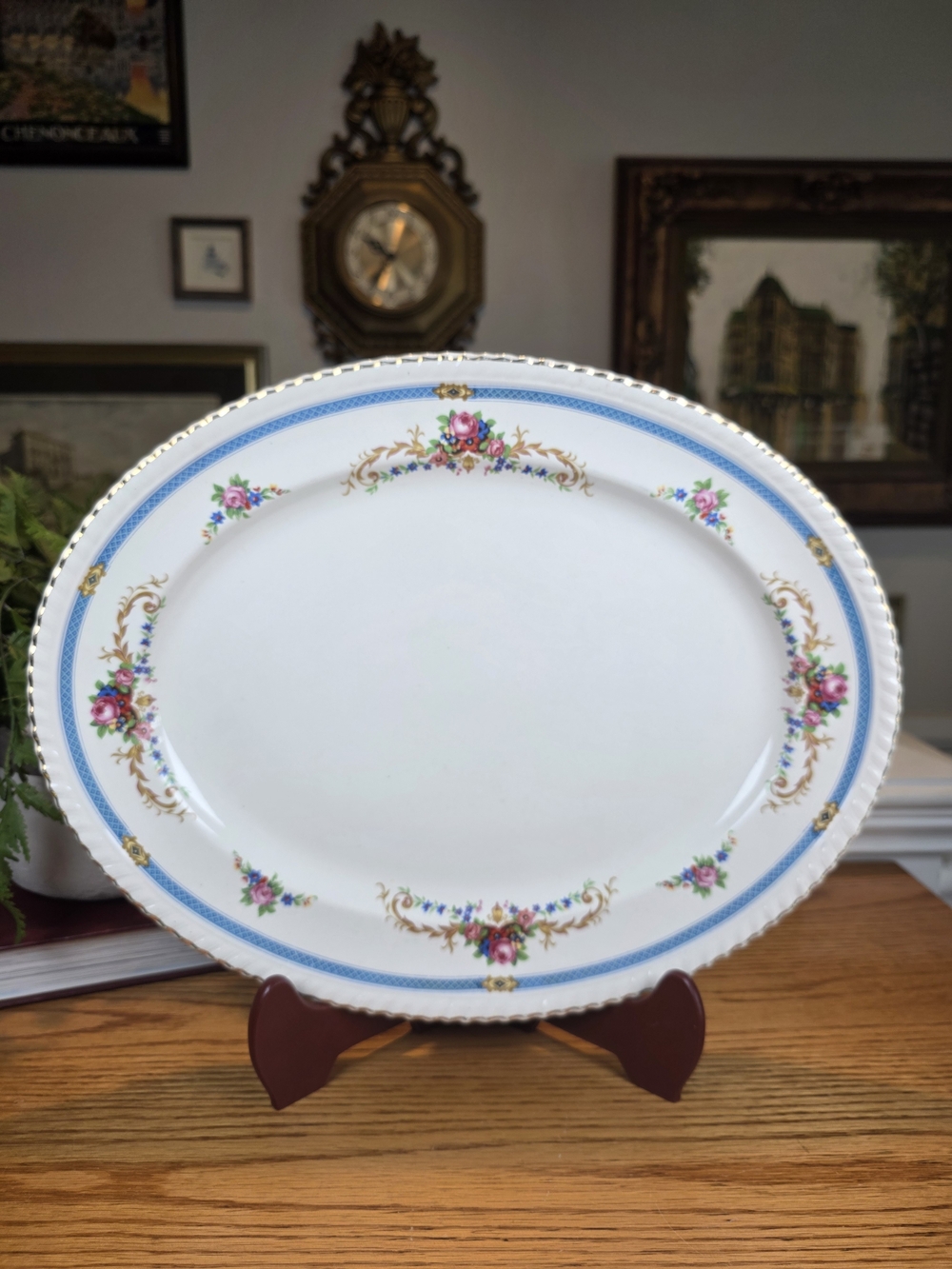 Vintage Johnson Bros England Oval Platter Blue Ribbon Pink Floral Trim 12"